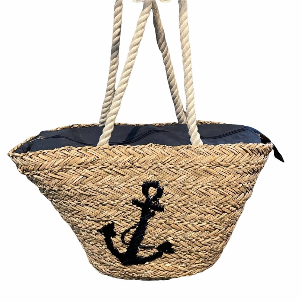 Nautical Straw Tote with Black Anchor Design